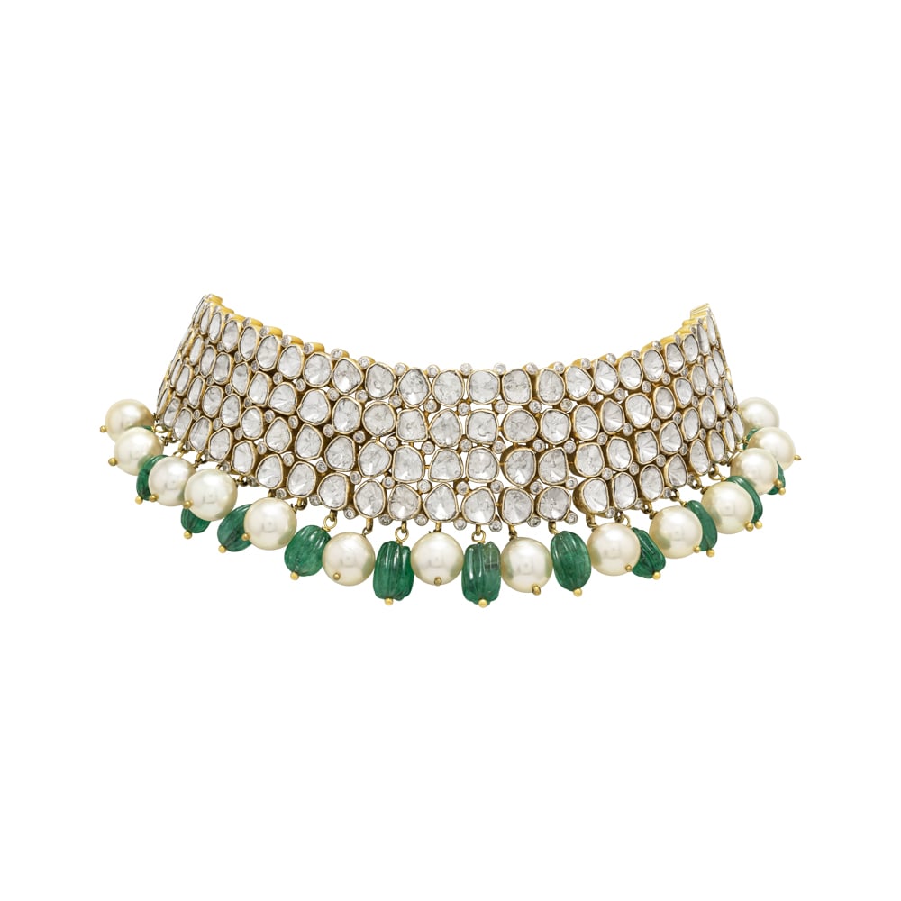 Polki Diamond Choker with Multi-Row Design and Pearl Drops